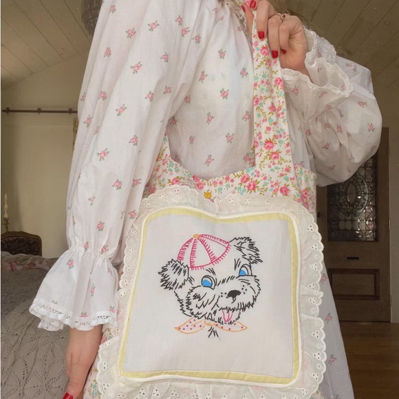 Handbags - Floral Embroidered Upcycled Dog Tote Bag